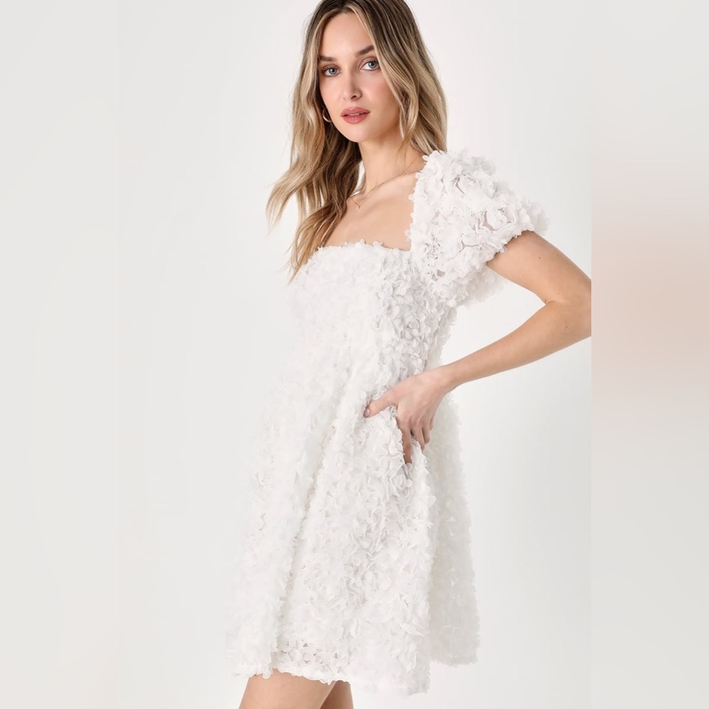 LULUS Precious Passion White Floral Puff Sleeve Babydoll Dress sz L Wedding Mini - Picture 6 of 9